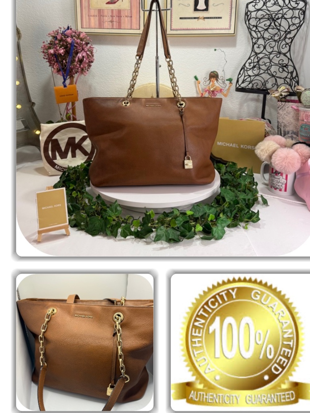 HERMOSA MICHAEL KORS BROWN GOLD CHAIN HANDLE(S) LARGE TOTE!